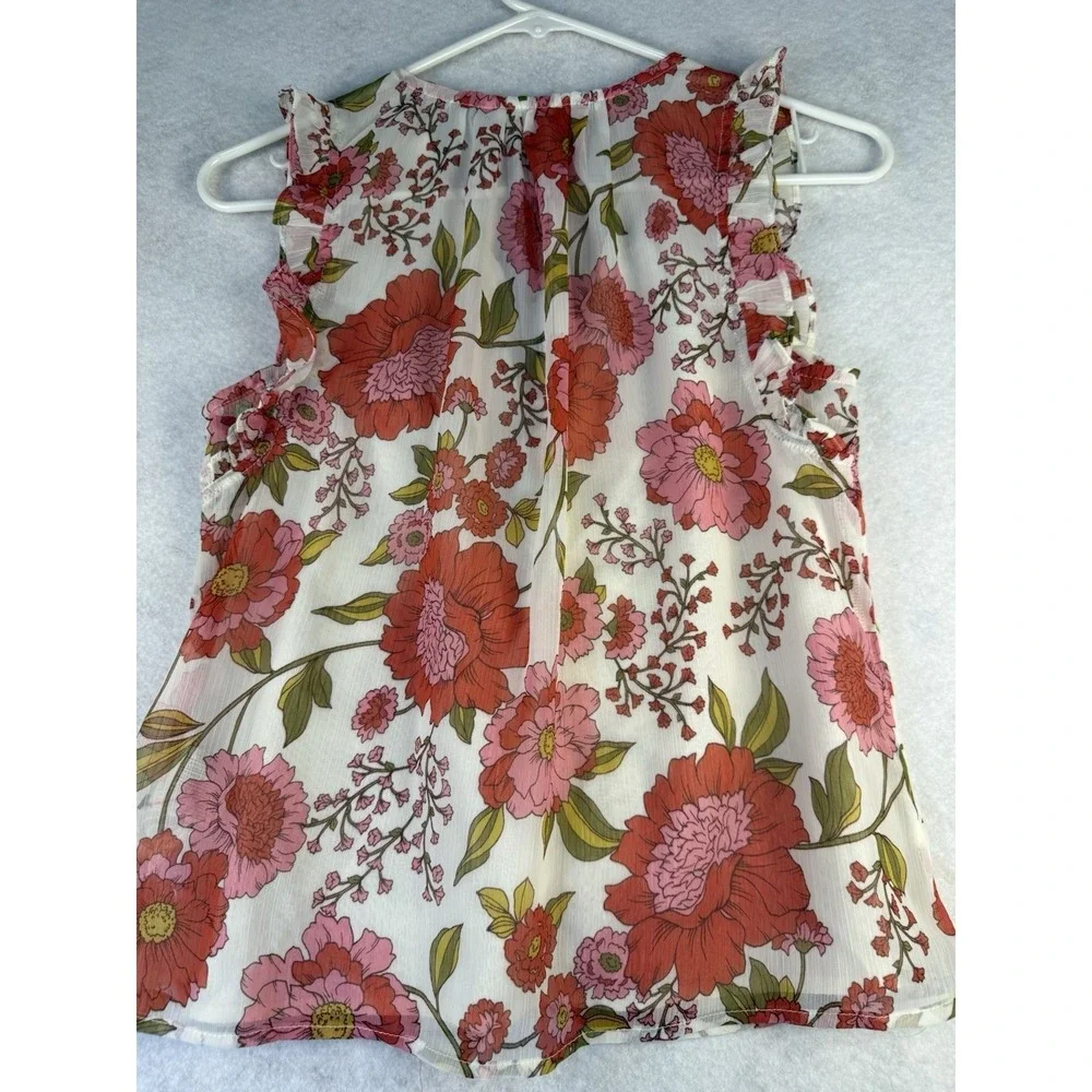 Steve Madden Floral Sleeveless Blouse Small Sheer Ruffle V Neck Button Front NWT